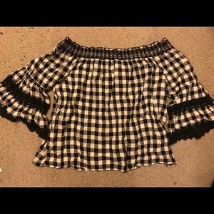 Gingham Check off the shoulder flair / bell sleeve shirt